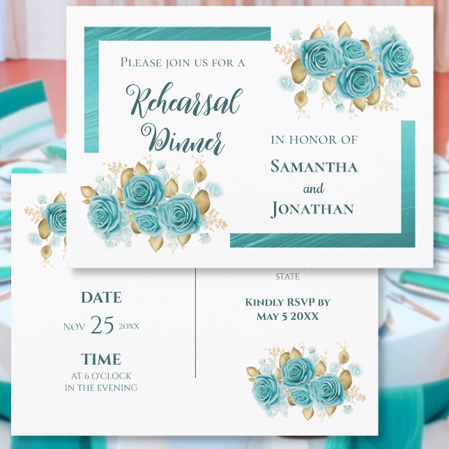 Teal and Turquoise Rose Elegant Rehearsal Dinner Invitation (Creator Uploaded)