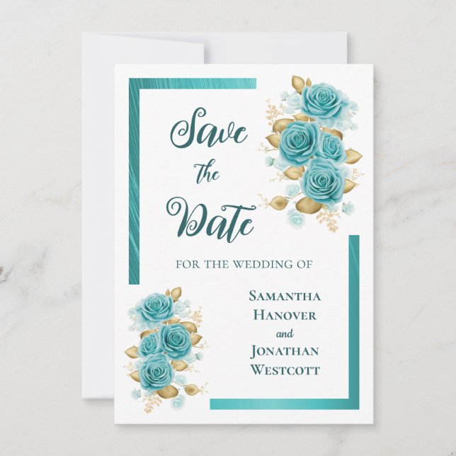 Teal and Turquoise Rose Elegant Save The Date (Front)