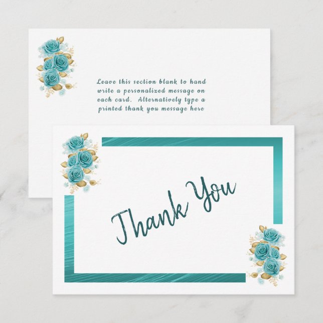 Teal and Turquoise Rose Elegant Thank You Card (Front/Back)