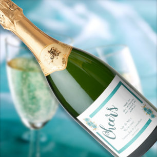 Teal and Turquoise Rose Elegant Wedding Champagne Sparkling Wine Label