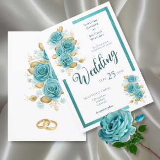 Teal and Turquoise Rose Elegant Wedding Invitatio Invitation