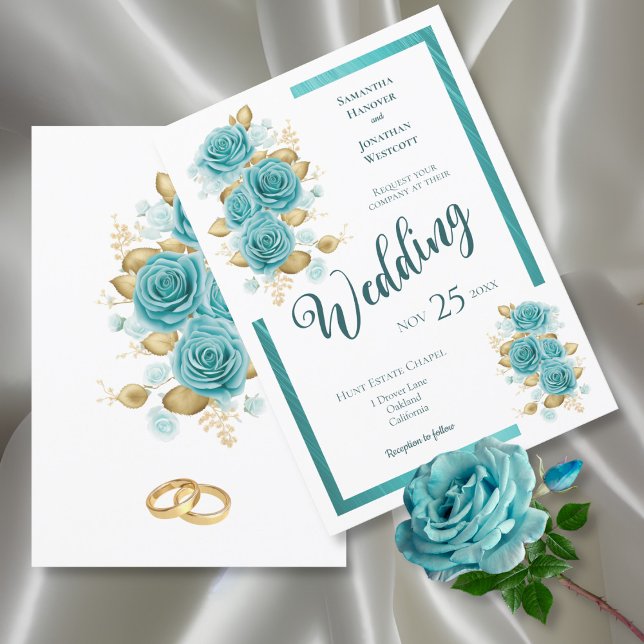 Teal and Turquoise Rose Elegant Wedding  Invitatio Invitation (Creator Uploaded)