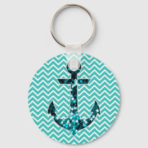 Teal and Turquouise Chevron Nautical Anchor Key Ring