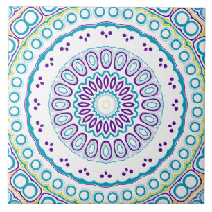 Teal and Violet Mandala Pattern Ceramic Tile