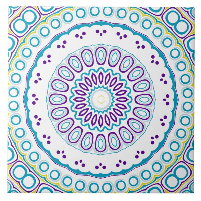 Teal and Violet Mandala Pattern Ceramic Tile (Front)