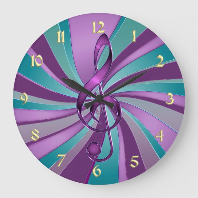 Teal and Violet Swirl Music Clef Wall Clock (Front)