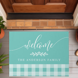 Teal And White Buffalo Check Welcome Personalise Doormat