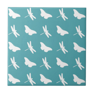 Teal and White Butterfly and Dragonfly Pattern Ceramic Tile