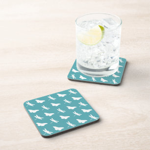 Teal and White Butterfly and Dragonfly Pattern Coaster