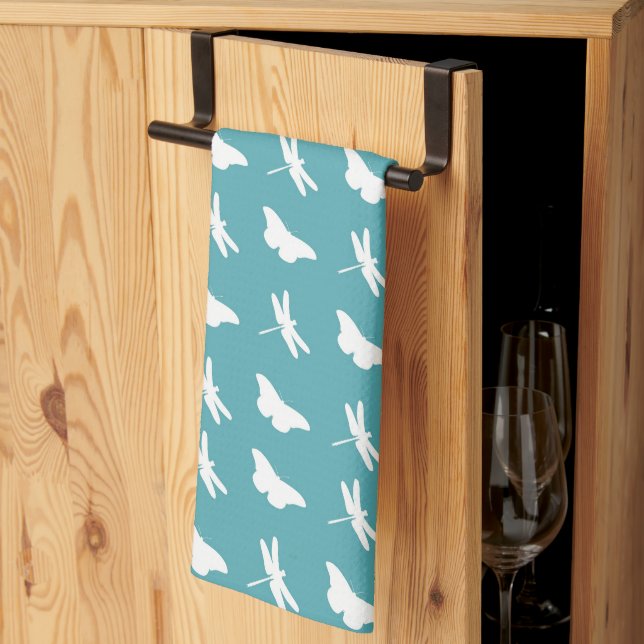 Teal and White Butterfly and Dragonfly Pattern Tea Towel (Thirds Fold)