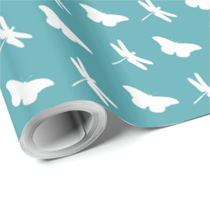 Teal and White Butterfly and Dragonfly Pattern Wrapping Paper
