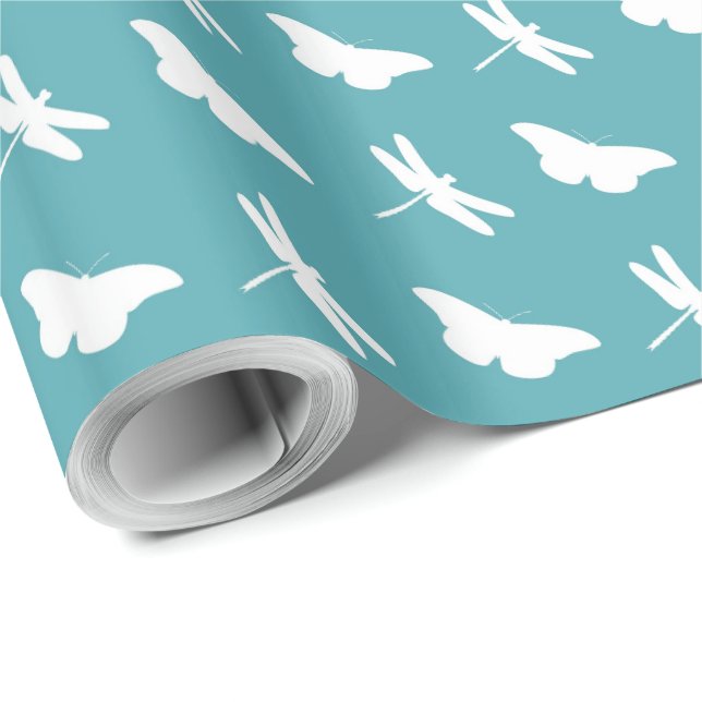 Teal and White Butterfly and Dragonfly Pattern Wrapping Paper (Roll Corner)