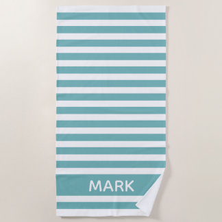 Teal And White Cabana  Stripe Personalised Beach Towel