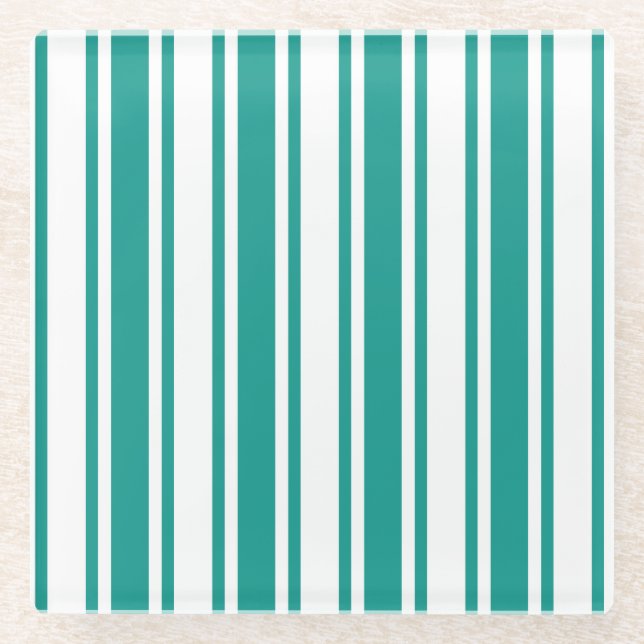 Teal and white candy stripes glass coaster (Front)
