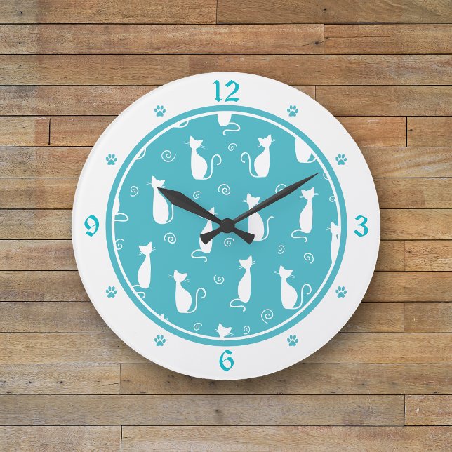 Teal and White Cats Pattern Large Clock (Creator Uploaded)