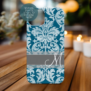Teal and White Chalkboard Damask Pattern