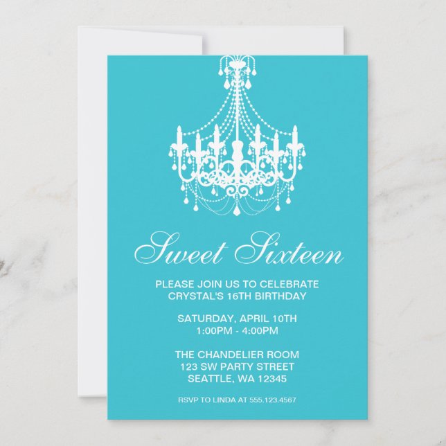 Teal and White Chandelier Sweet Sixteen Birthday Invitation (Front)