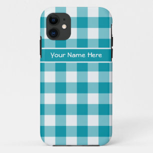 Teal and White Check Gingham Pattern iPhone 11 Case