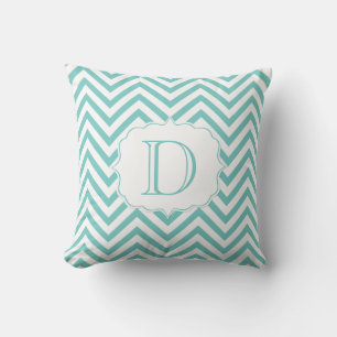 Teal and White Chevron Pattern Monogram Cushion