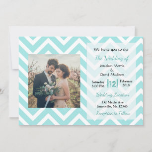 Teal and White Chevron Photo Wedding Invitations