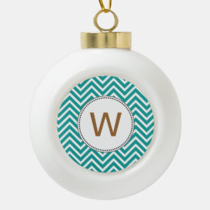 Teal and white chevron zigzag stripes monogram ceramic ball christmas ornament