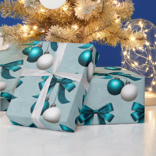 Teal and White Christmas Bauble Ornament  Wrapping Paper