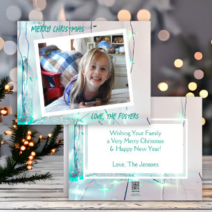 Teal and White Christmas Lights Photo Holiday