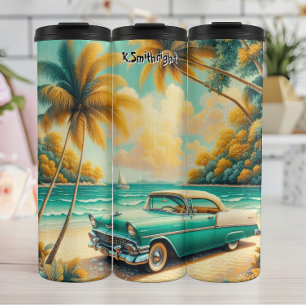 Teal and White Classic Car on a Tropical Beach Thermal Tumbler