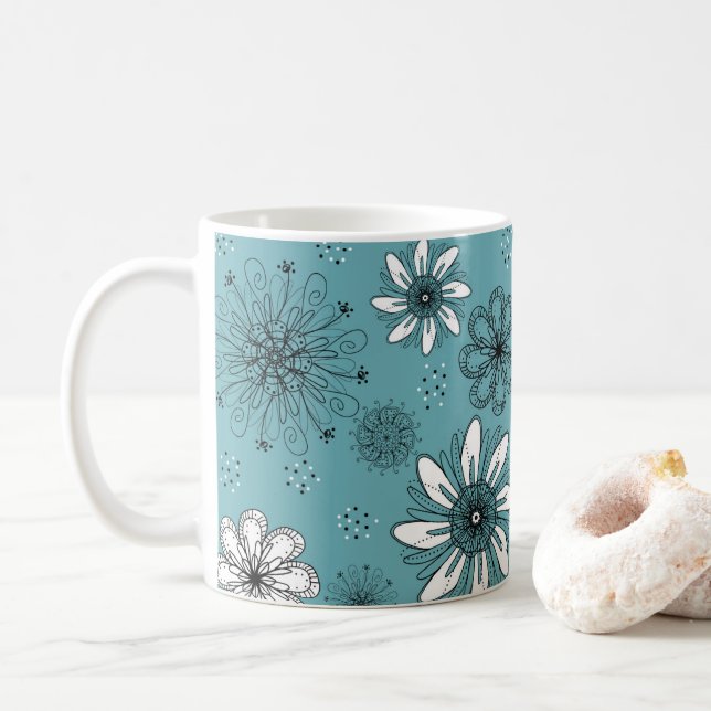 Teal and White Daisy Pen and Ink Illustration Coffee Mug (With Donut)