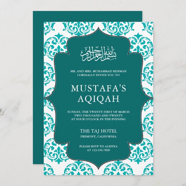 Teal and White Damask Islamic Aqiqah Ceremony Invitation (Front/Back)