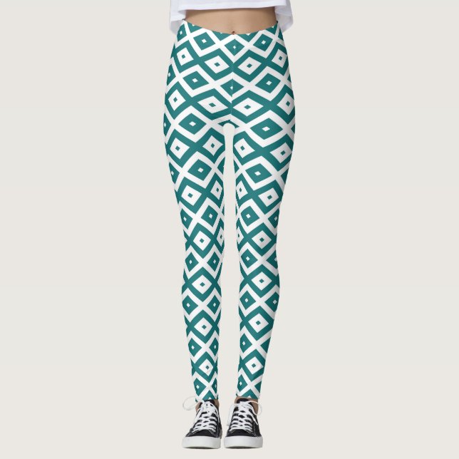 Teal and white diamond pattern leggings (Front)