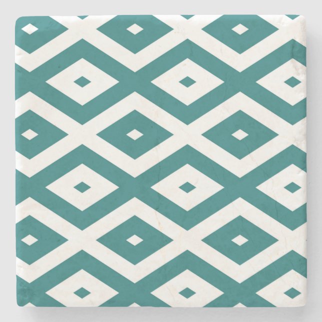 Teal and white diamond pattern stone coaster (Front)