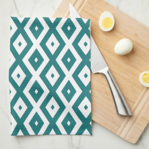 Teal and white diamond pattern tea towel