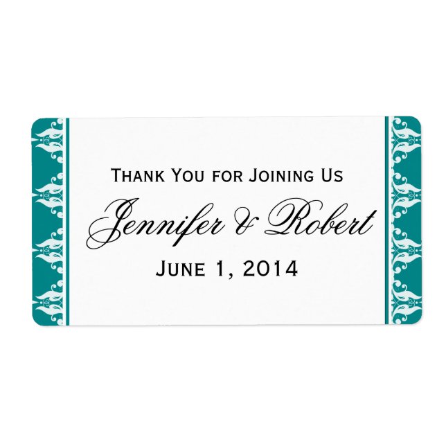 Teal and White Filigree Border Water Bottle Label (Front)