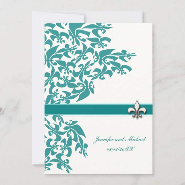 Teal and White Fleur de Lis Design Wedding Invite (Front)