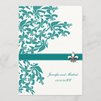 Teal and White Fleur de Lis Design Wedding Invite