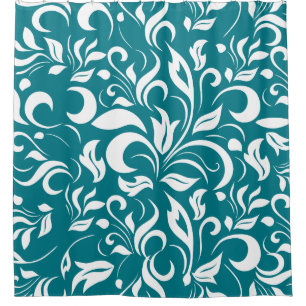 Teal And White Floral Pattern Shower Curtain