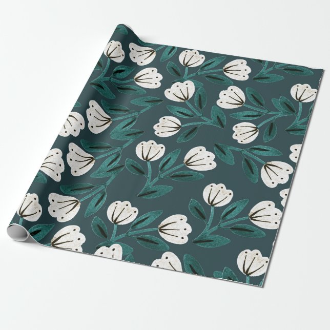 Teal and White Floral Wrapping Paper (Unrolled)