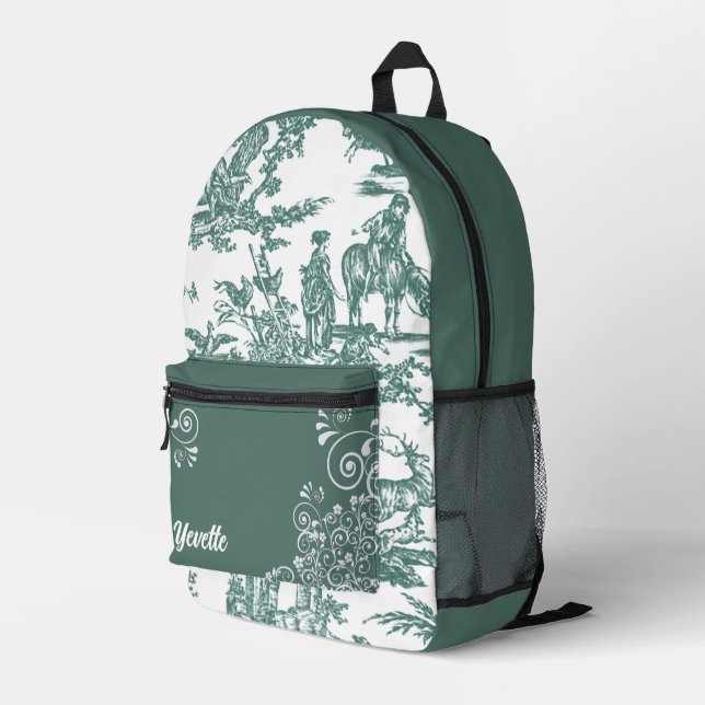 Teal and White French Toile Pattern Personalised Printed Backpack (Back Corner Right)