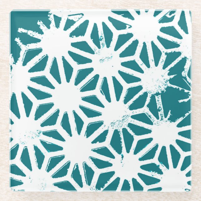 Teal and white geometric pattern glass coaster (Front)