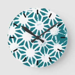 Teal and white geometric pattern round clock