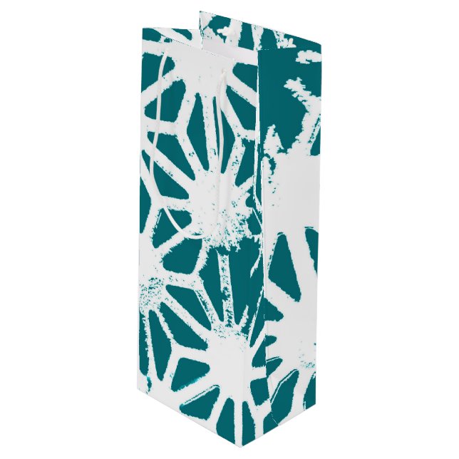 Teal and white geometric pattern wine gift bag (Front Angled)
