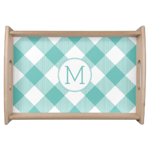Teal and White Gingham Plaid Monogram Serving Tray
