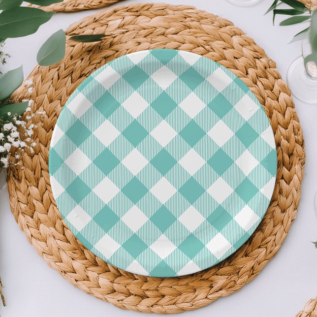 Teal and White Gingham Plaid Paper Plate (Creator Uploaded)