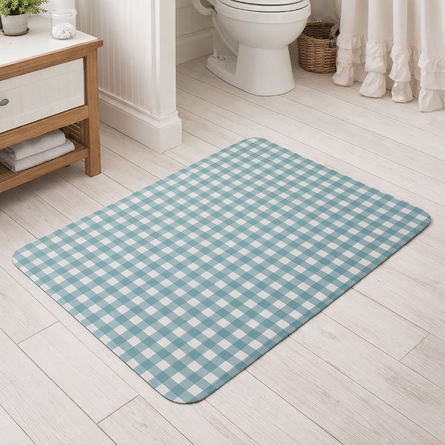 Teal and White Gingham Plaid Pattern Minimal Bath Mat (A bathmat with a teal and white gingham pattern)