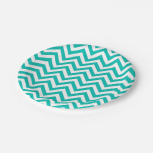Teal and White Large Chevron ZigZag Pattern Paper Plate