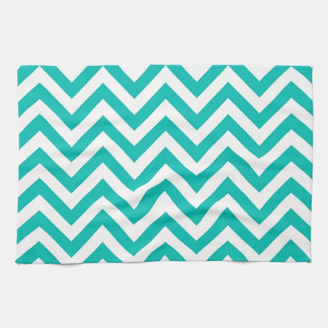 Teal and White Large Chevron ZigZag Pattern Tea Towel (Horizontal)