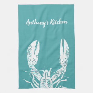 Teal and White Lobster, Nautical Personalised Tea Towel
