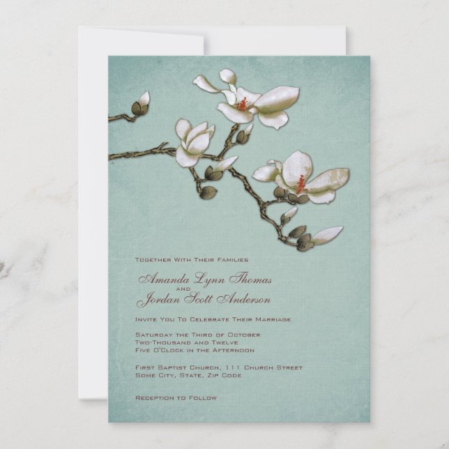 Teal and White Magnolia Wedding Invitation (Front)