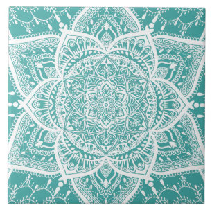 Teal and White Mandala - Loergann in Blue Spruce Ceramic Tile